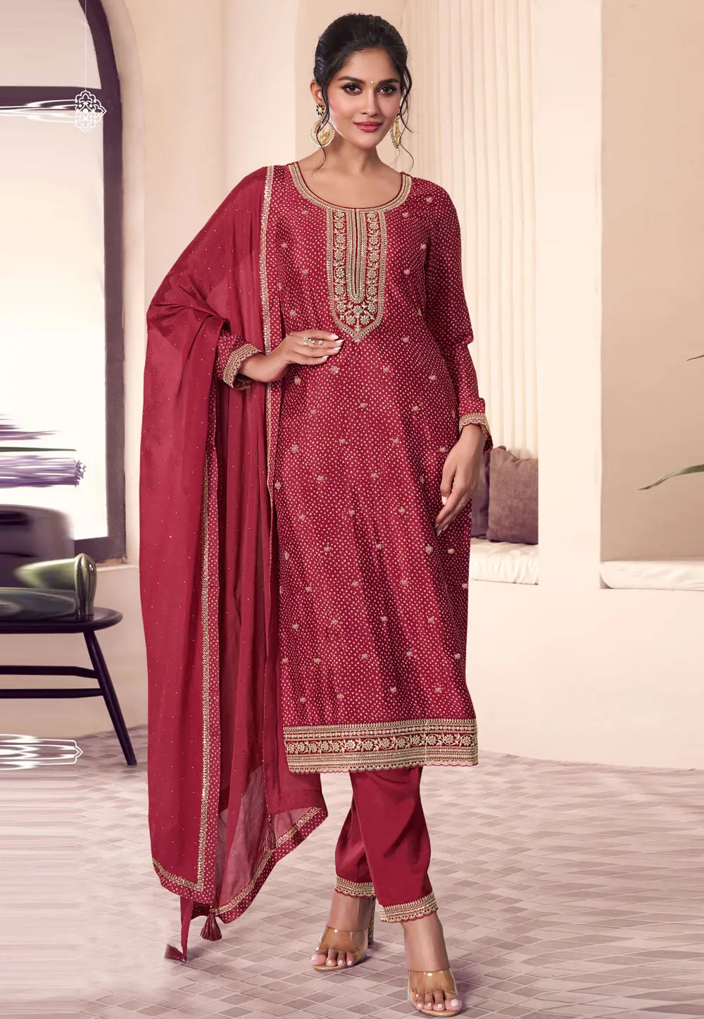 Maroon Chinon Pant Style Suit 304634