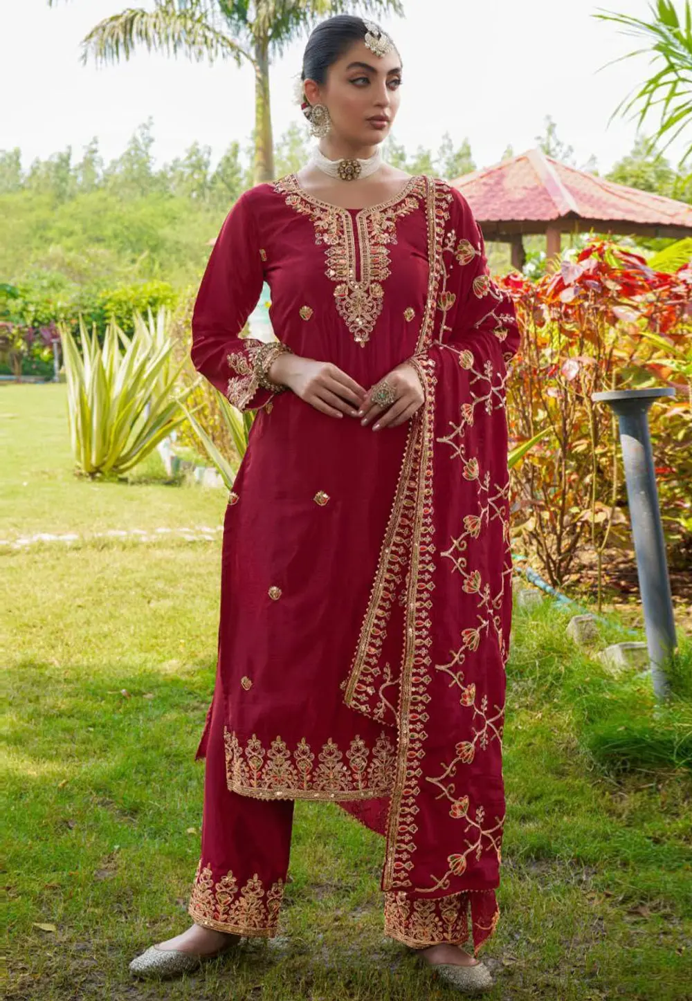 Maroon Chinon Readymade Pakistani Suit 301637