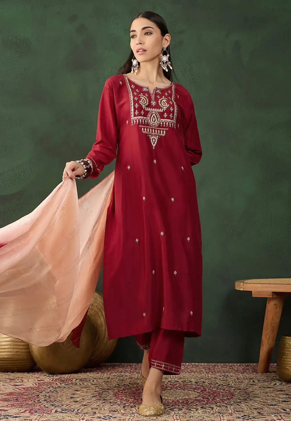 Maroon Chinon Readymade Pakistani Suit 293520