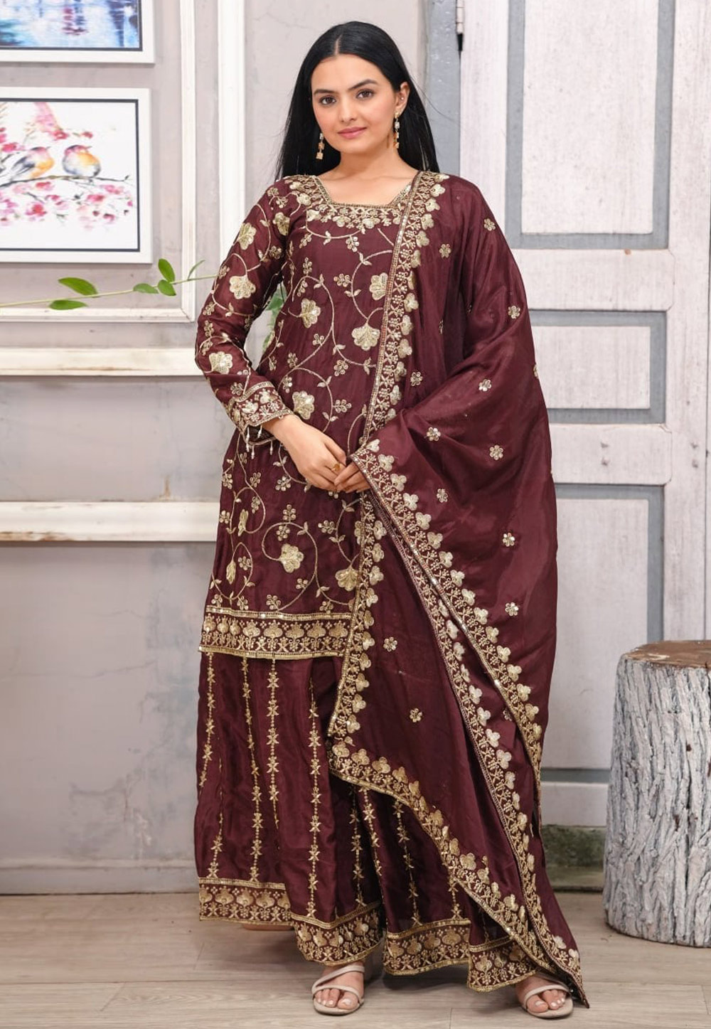 Maroon Chinon Readymade Palazzo Suit 309952