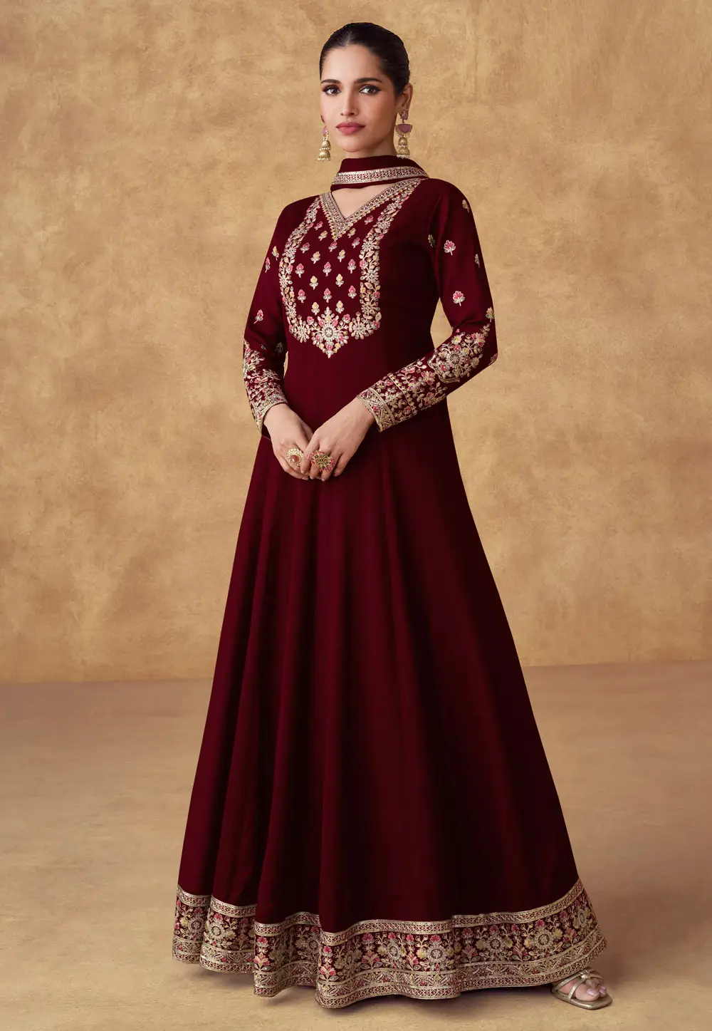 Maroon Chinon Silk Anarkali Suit 297100