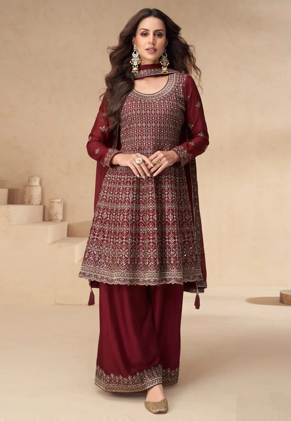 Maroon Chinon Silk Embroidered Pakistani Suit 300388