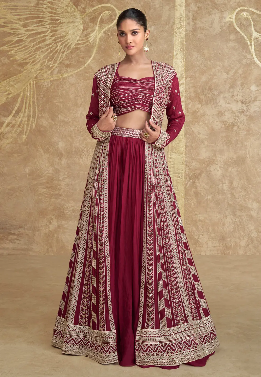 Maroon Chinon Silk Indo Western Lehenga Choli 298646