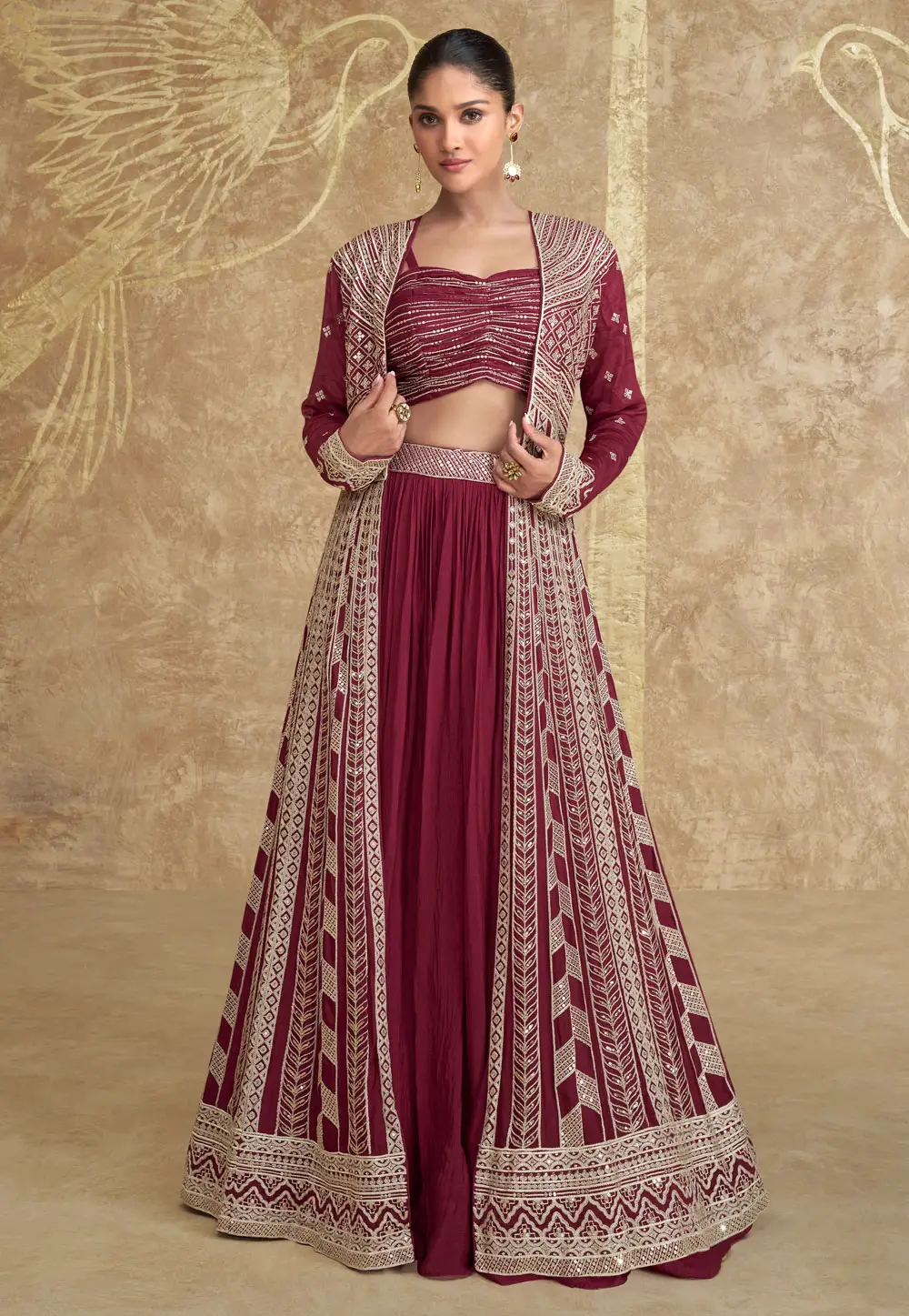 Maroon Chinon Silk Jacket Style Lehenga Choli 295813