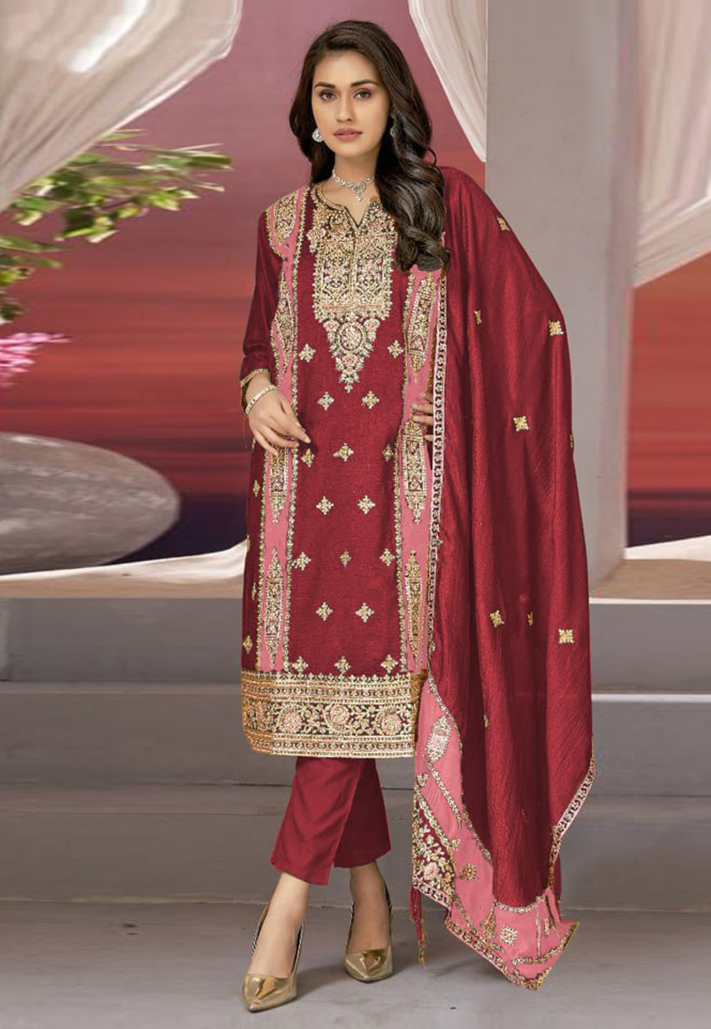 Maroon Chinon Silk Pant Style Suit 285629