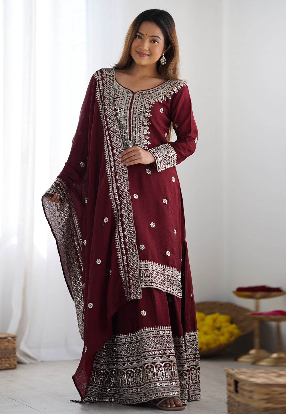 Maroon Chinon Silk Readymade Gharara Suit 305832