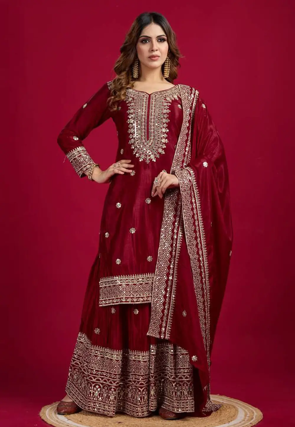 Maroon Chinon Silk Readymade Palazzo Suit 304639