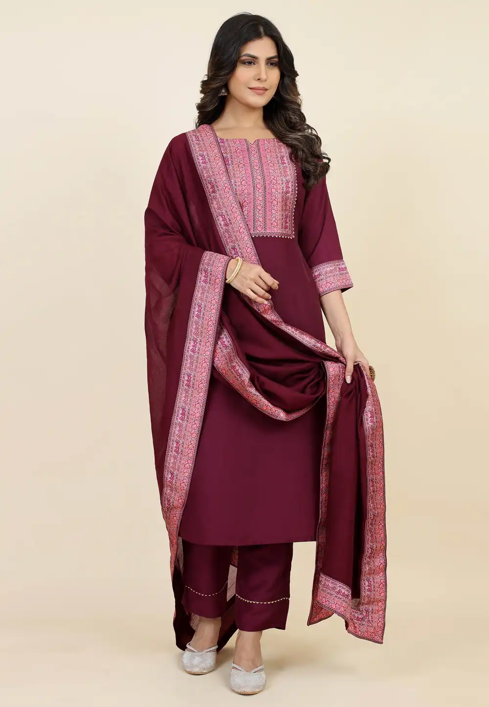 Maroon Chinon Silk Readymade Pant Style Suit 293837