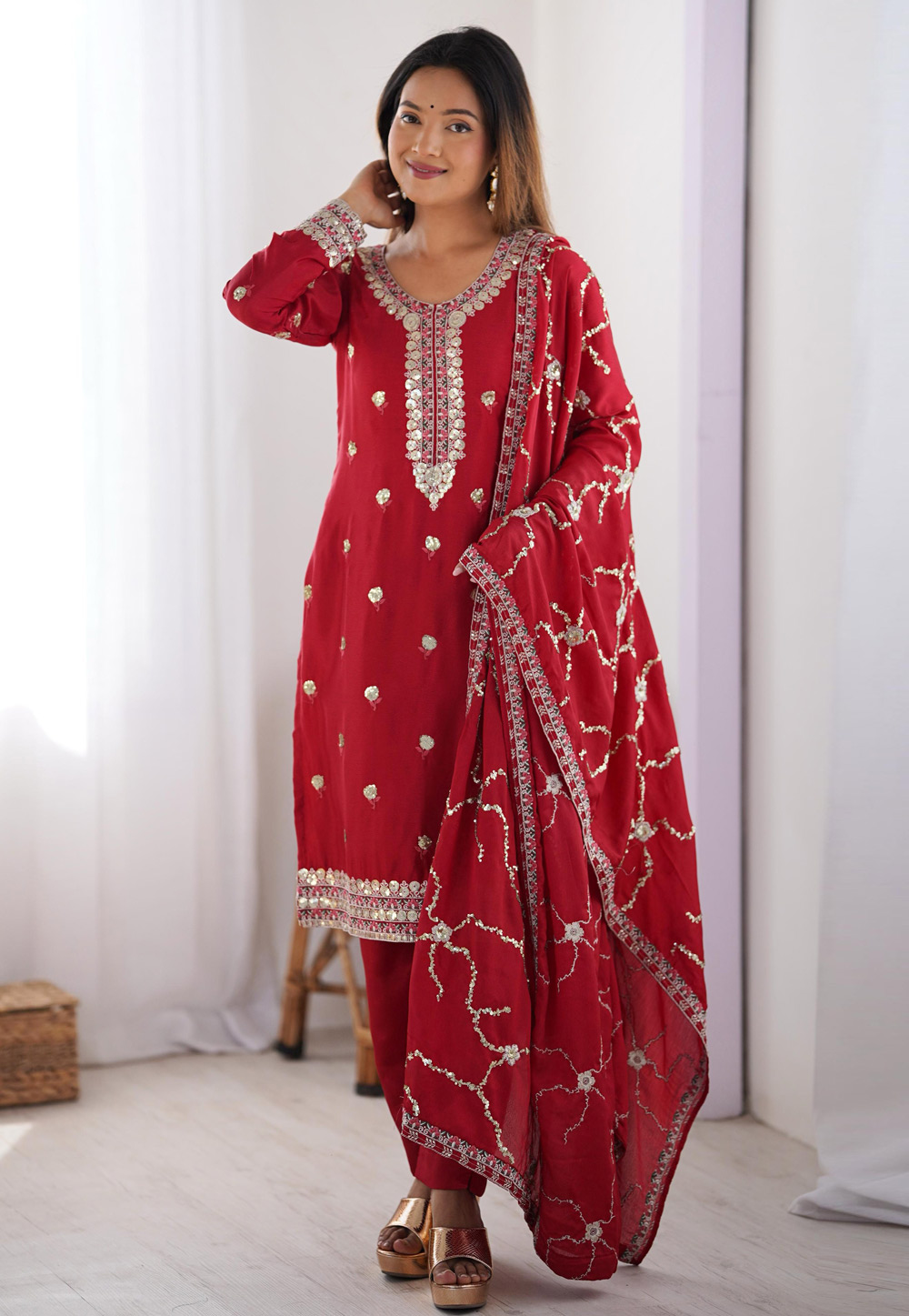 Maroon Chinon Silk Readymade Pant Style Suit 310652