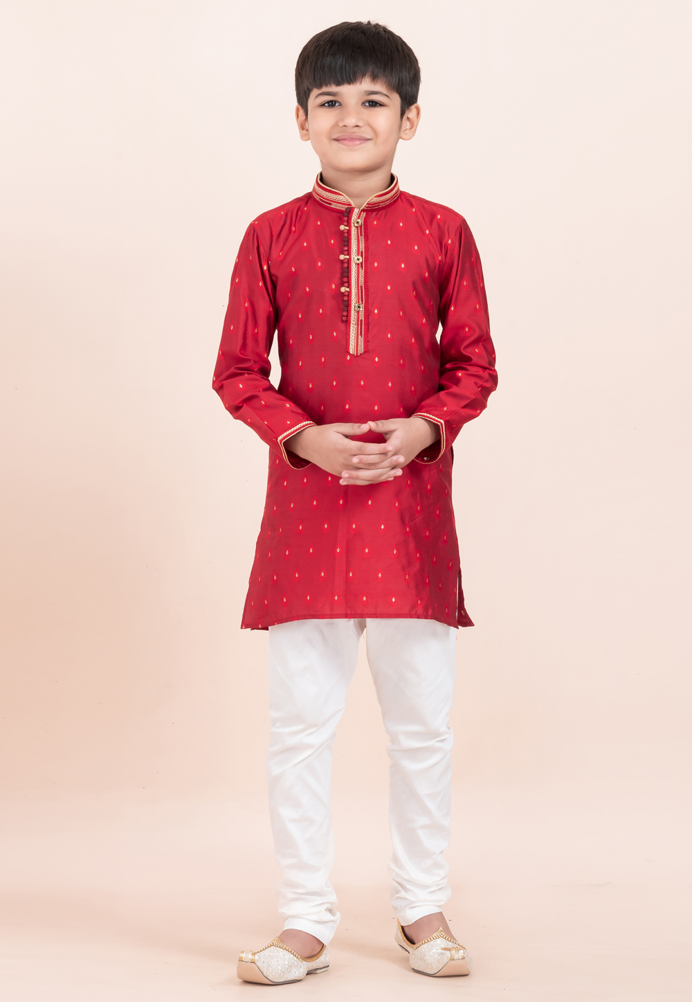 Maroon Cotton Jacquard Kids Kurta Pajama 305353