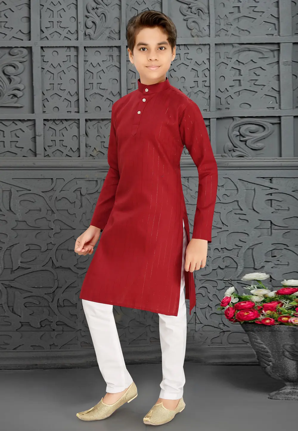 Maroon Cotton Kids Kurta Pajama 298435