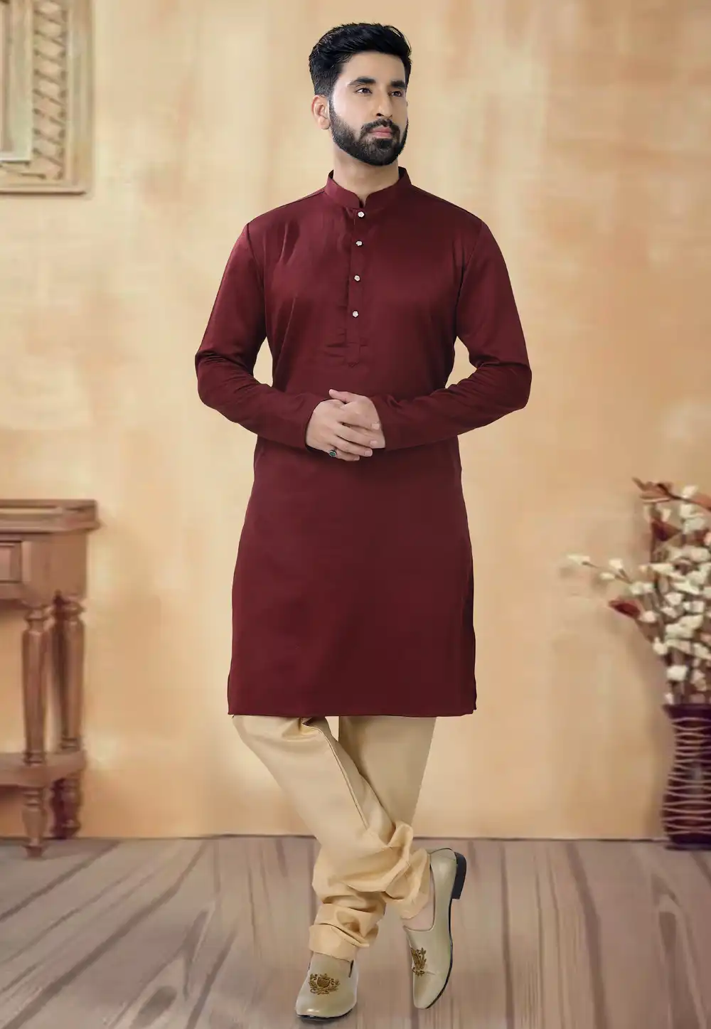 Maroon Cotton Kurta Pajama 292375