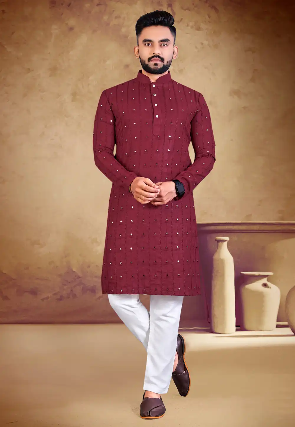 Maroon Cotton Kurta Pajama 293417