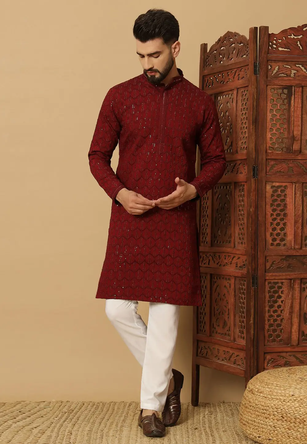 Maroon Cotton Kurta Pajama 297686