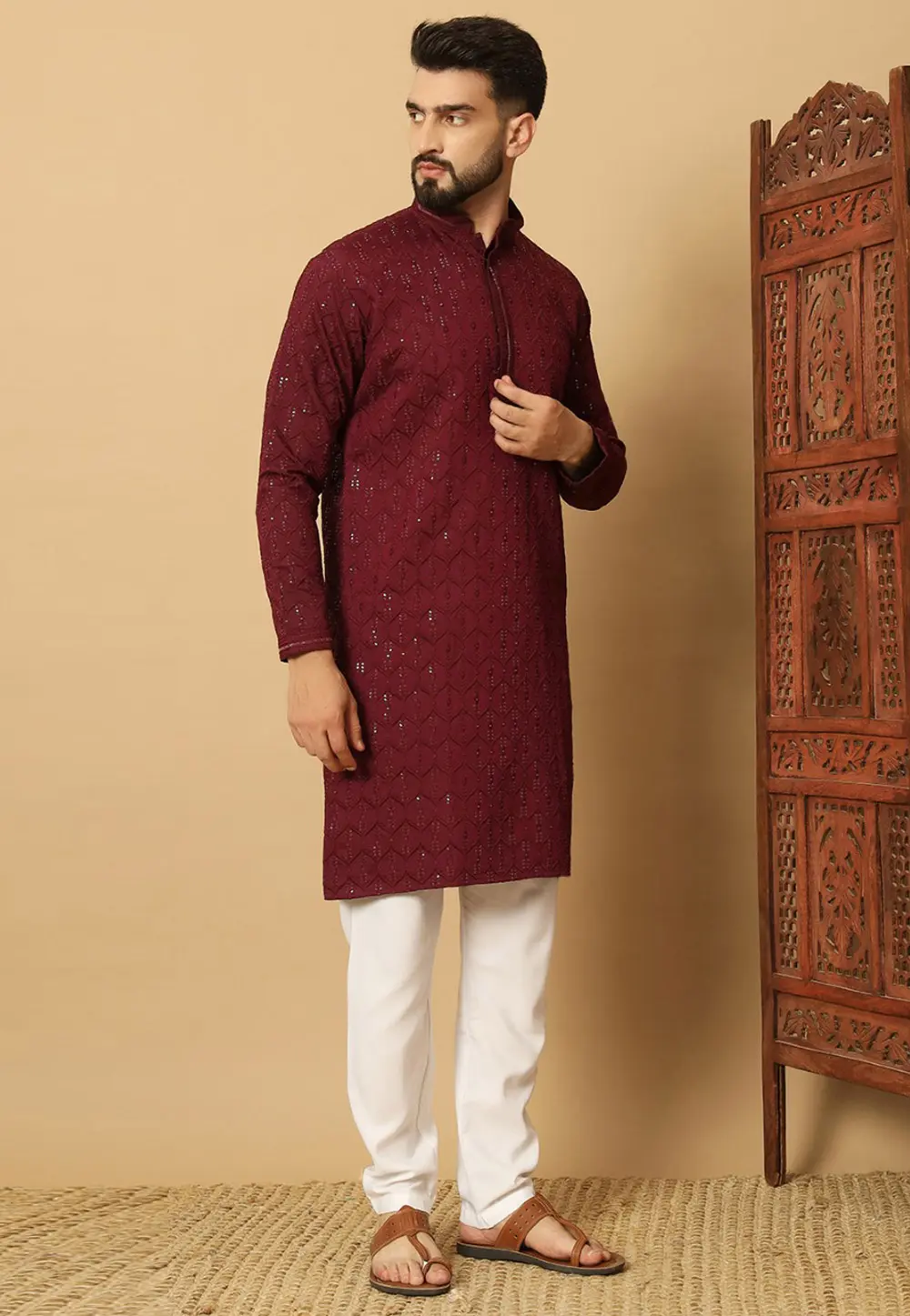 Maroon Cotton Kurta Pajama 297687