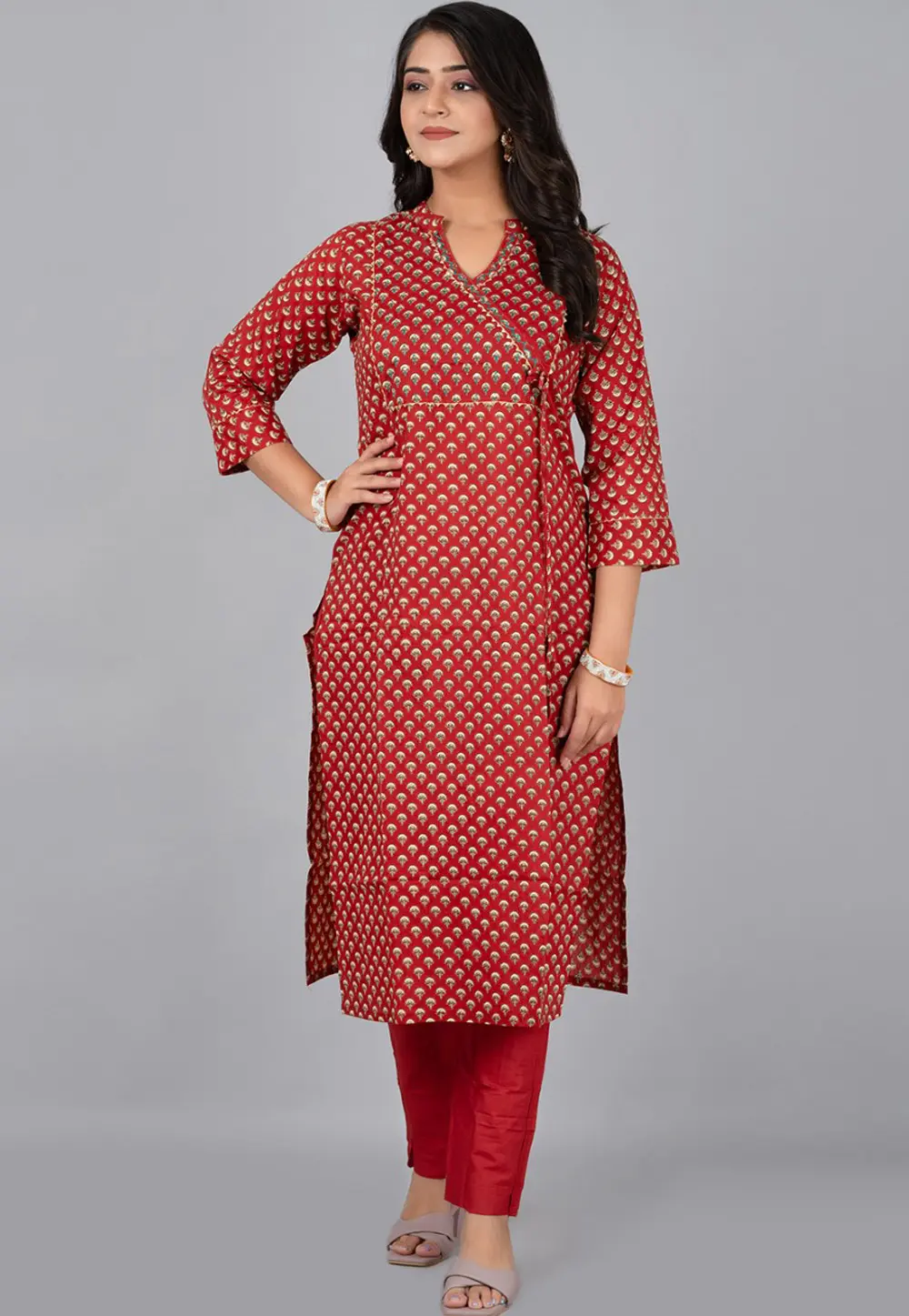 Maroon Cotton Kurta Set With Pent 302759