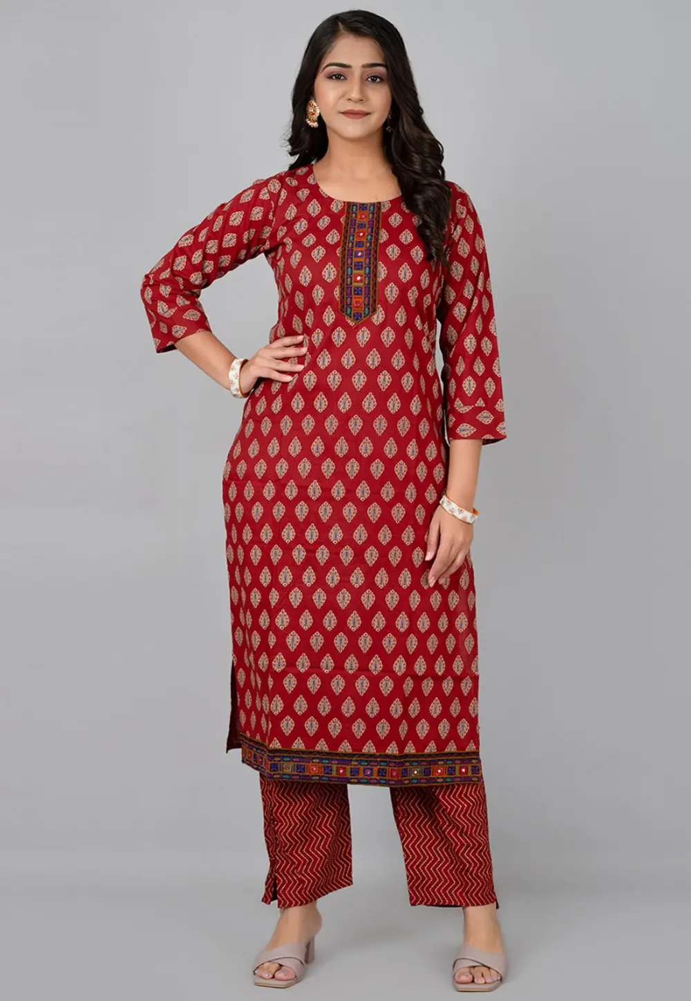 Maroon Cotton Kurta Set With Pent 302761