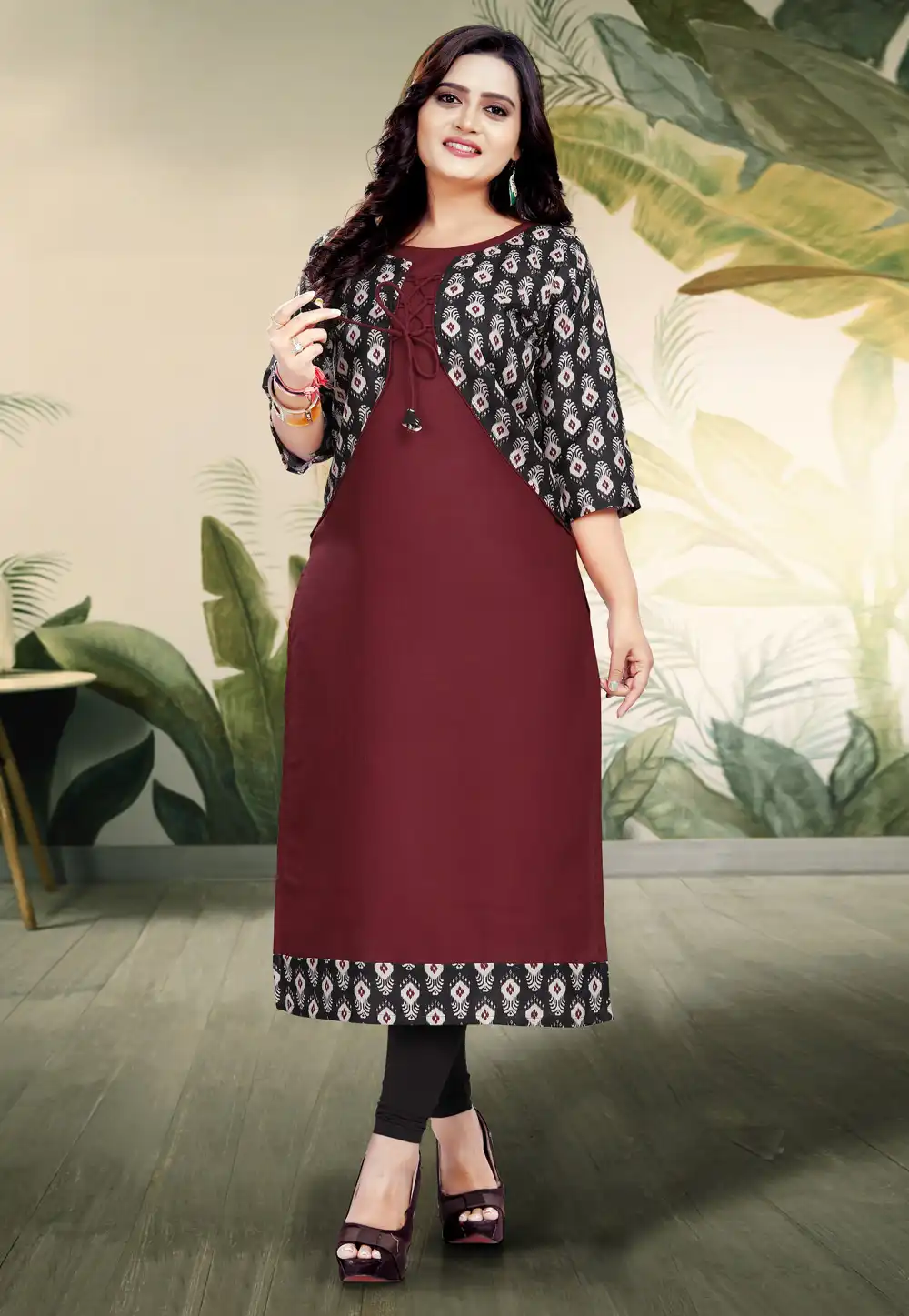 Maroon Cotton Long Tunic With Jacket 288071