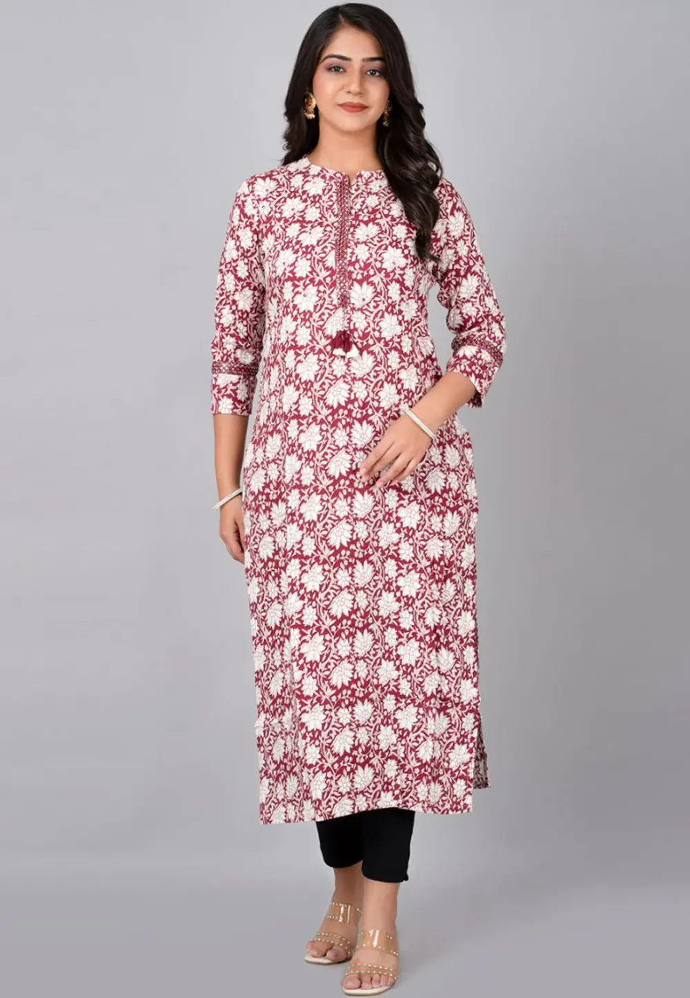 Maroon Cotton Printed Long Kurti 302767