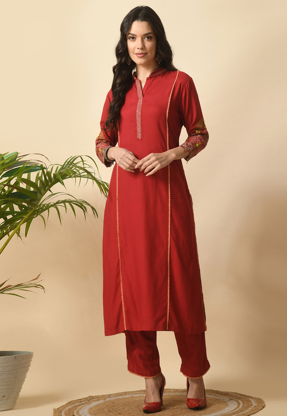 Maroon Cotton Rayon Kurta Set With Pent 305486