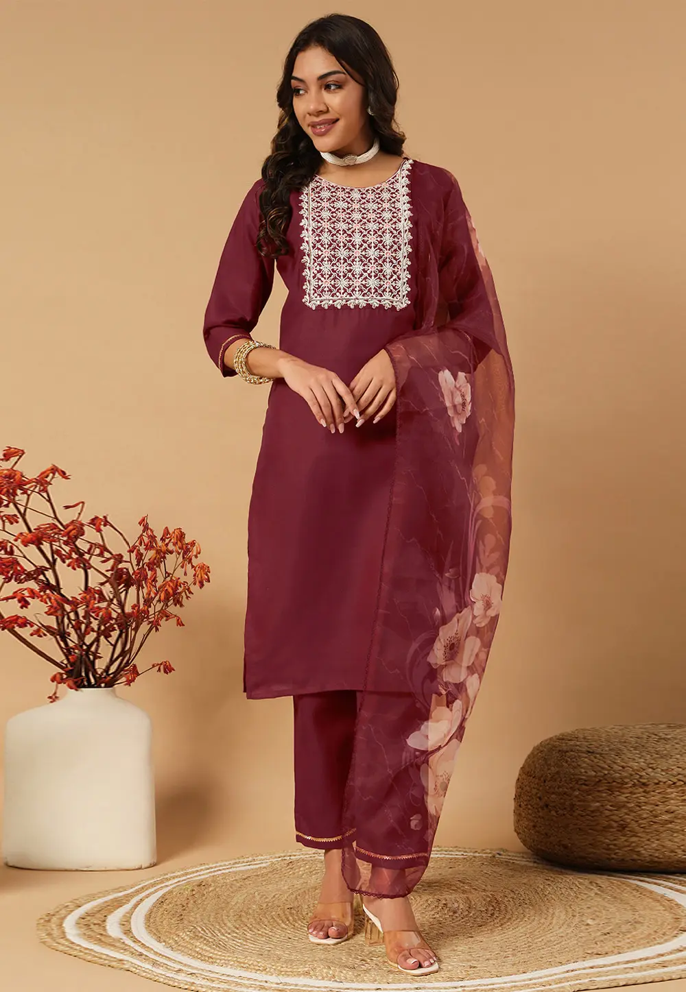 Maroon Cotton Readymade Pakistani Suit 301180