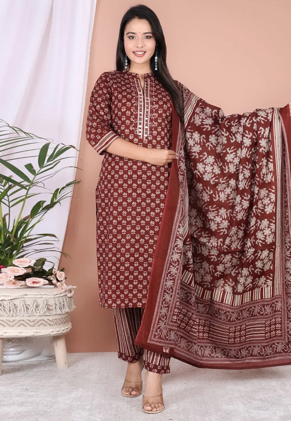 Maroon Cotton Readymade Pakistani Suit 304605