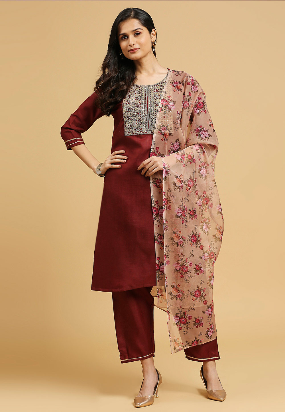 Maroon Cotton Readymade Pakistani Suit 280909