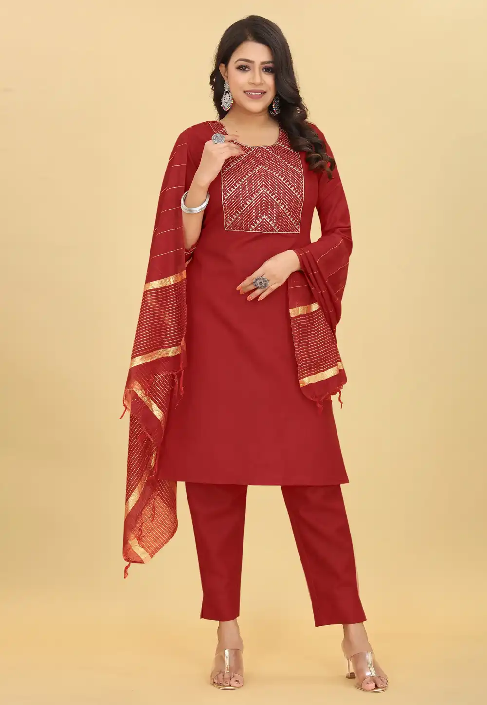 Maroon Cotton Readymade Pakistani Suit 288494