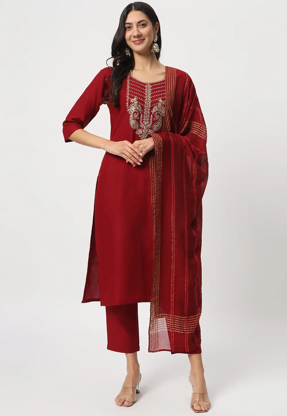 Maroon Cotton Readymade Pakistani Suit 299723