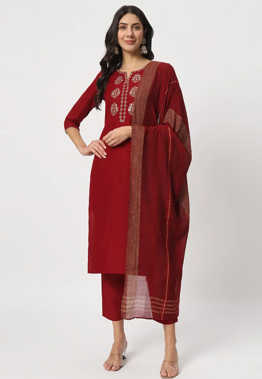 Maroon Cotton Readymade Pakistani Suit 300368