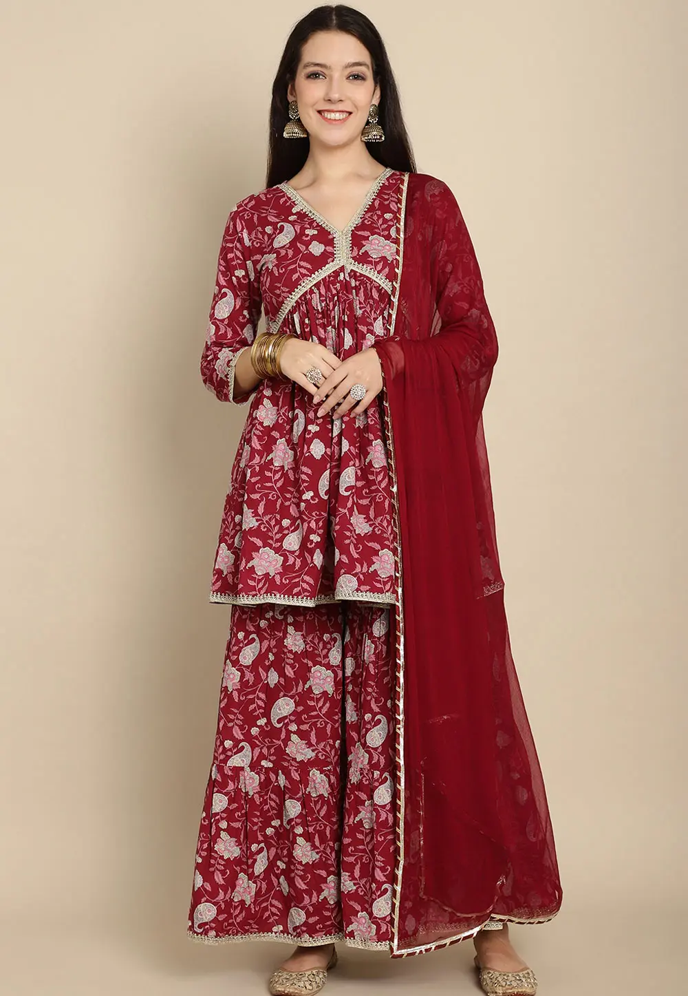 Maroon Cotton Readymade Pakistani Suit 303472