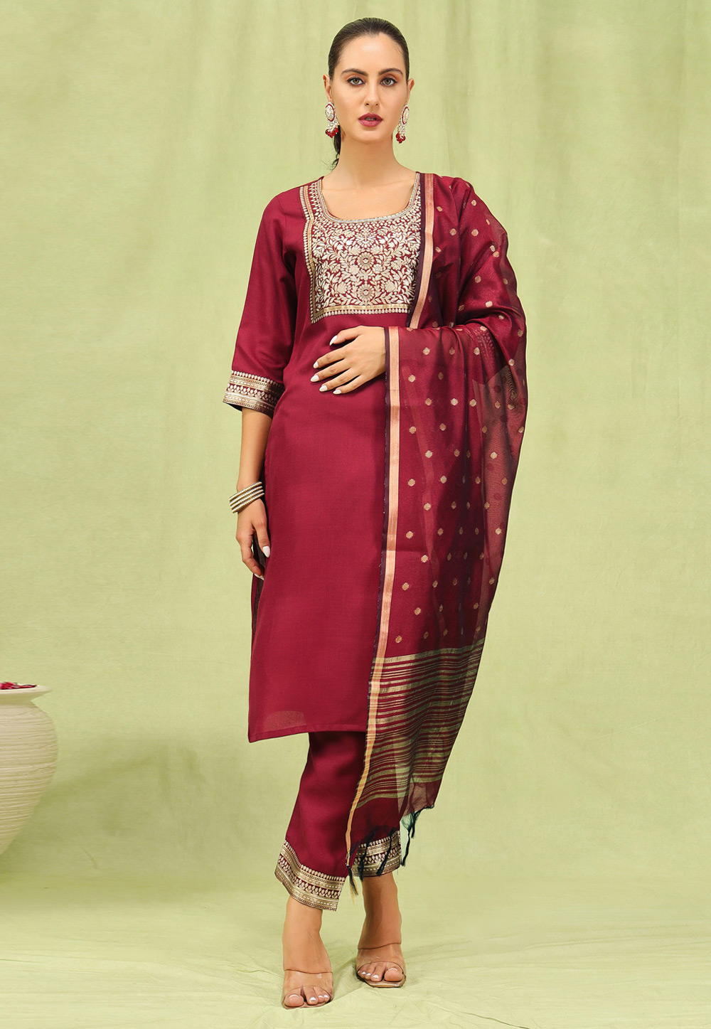 Maroon Cotton Readymade Pakistani Suit 310028