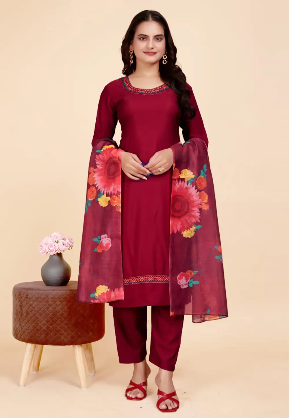 Maroon Cotton Readymade Pakistani Suit 290438