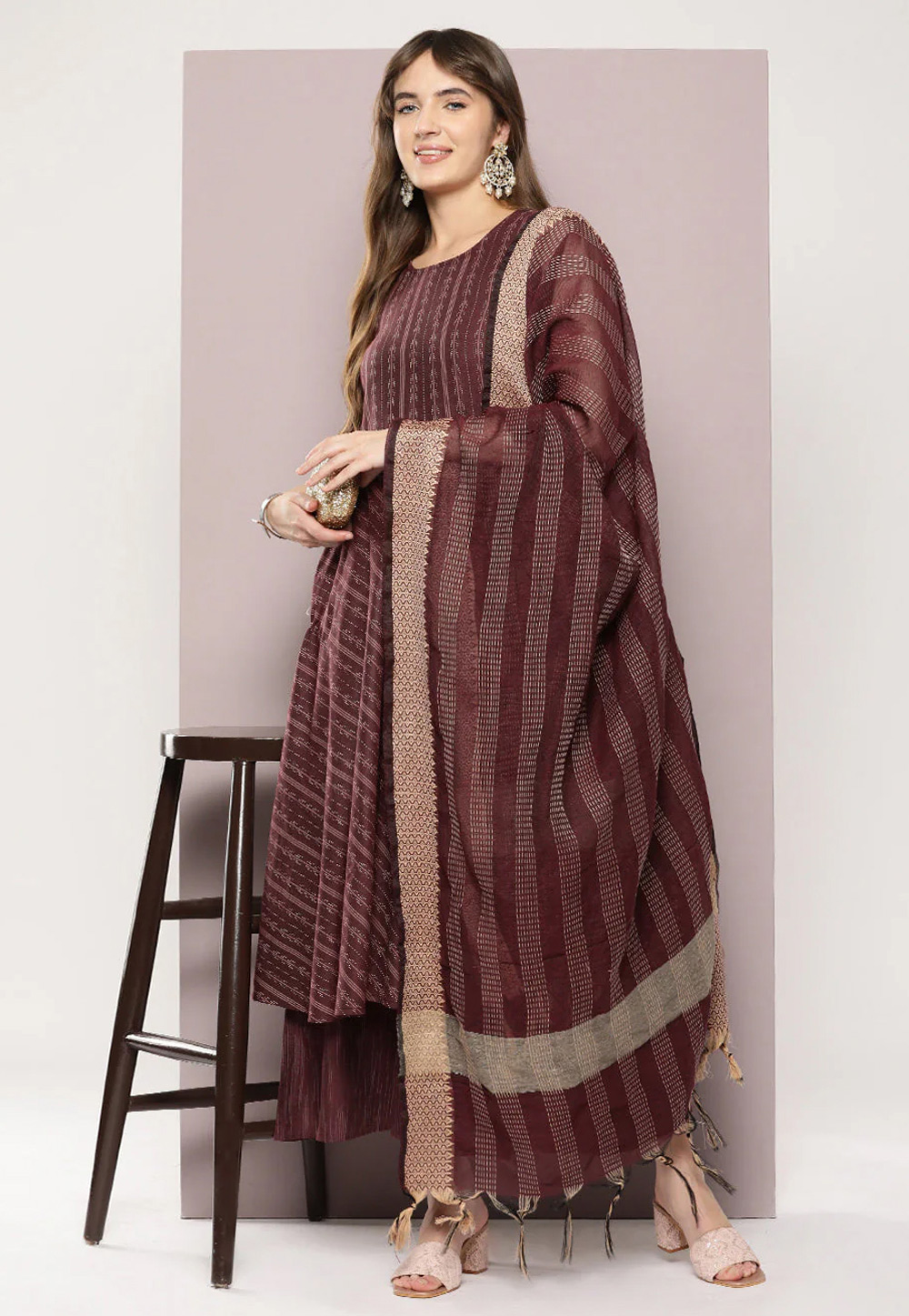 Maroon Cotton Readymade Palazzo Suit 286481