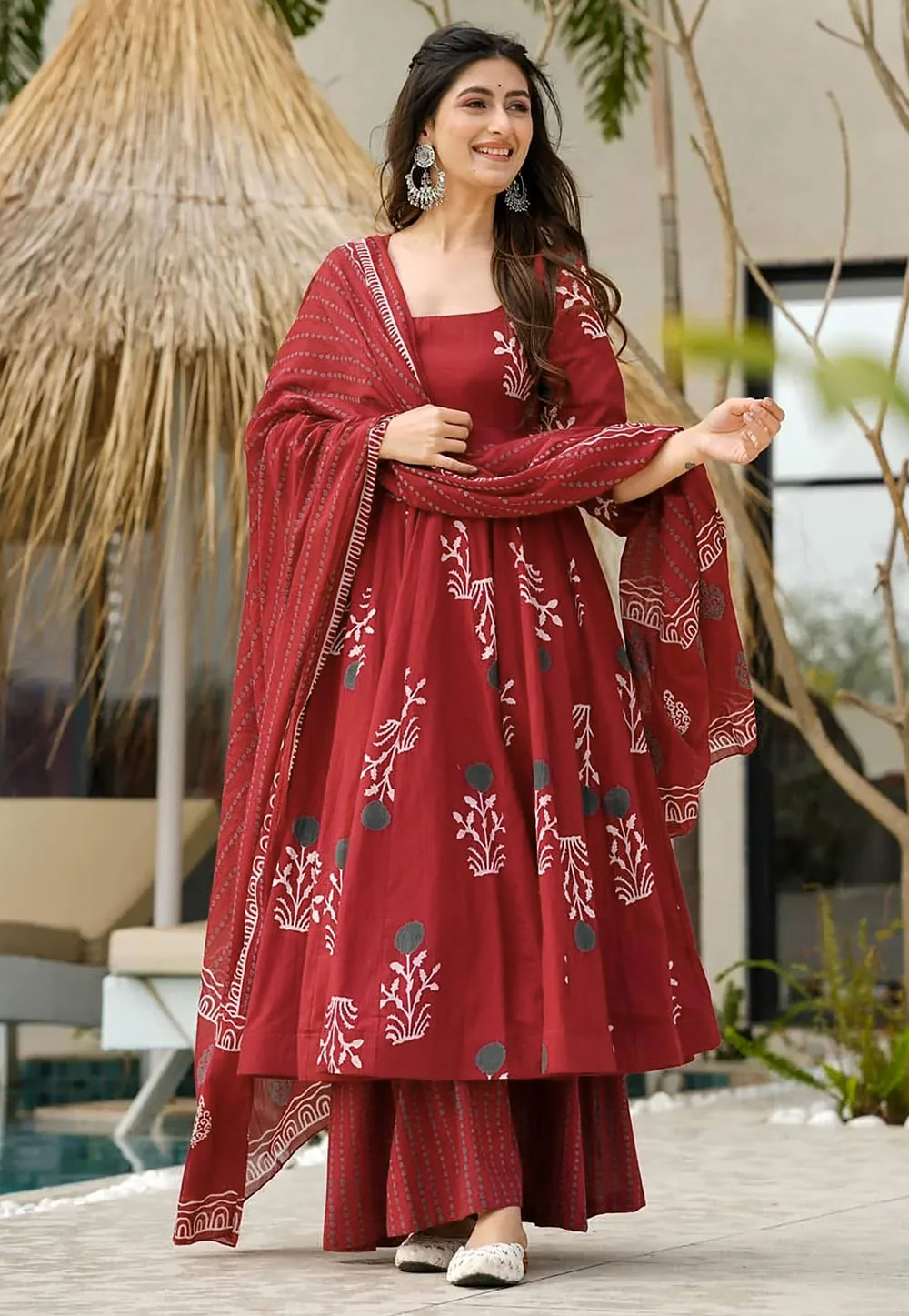 Maroon Cotton Readymade Palazzo Suit 309254