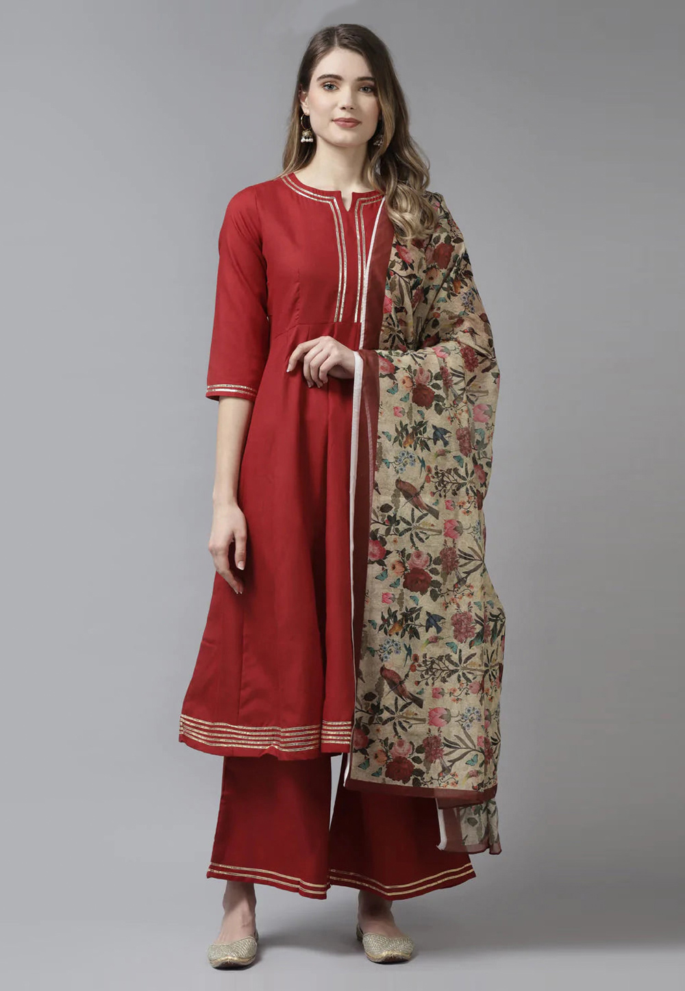 Maroon Cotton Readymade Palazzo Suit 281403