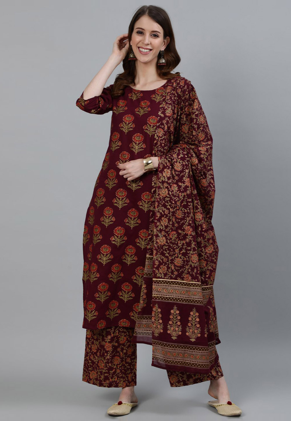 Maroon Cotton Readymade Palazzo Suit 282103
