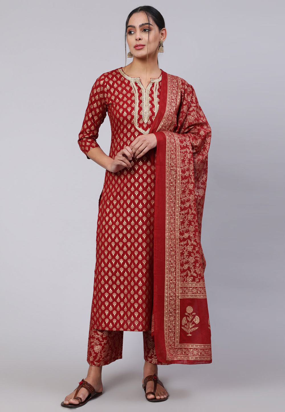 Maroon Cotton Readymade Palazzo Suit 282144