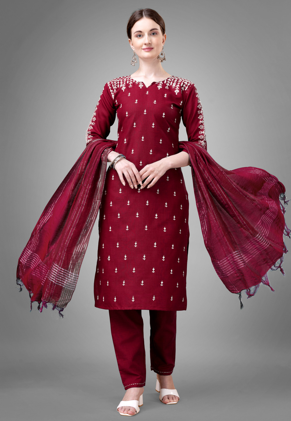Maroon Cotton Readymade Pant Style Suit 279246