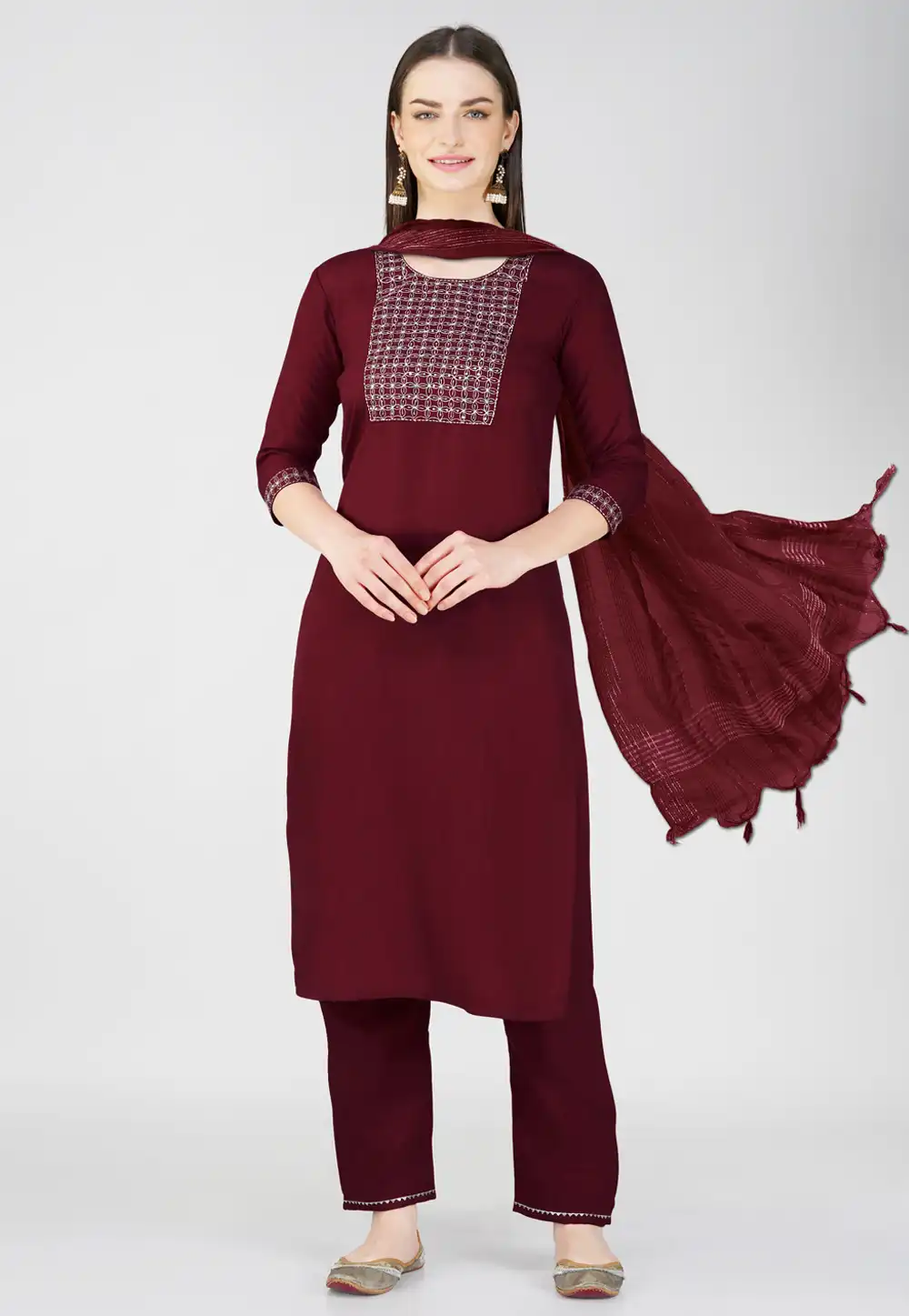 Maroon Cotton Readymade Pant Style Suit 290614