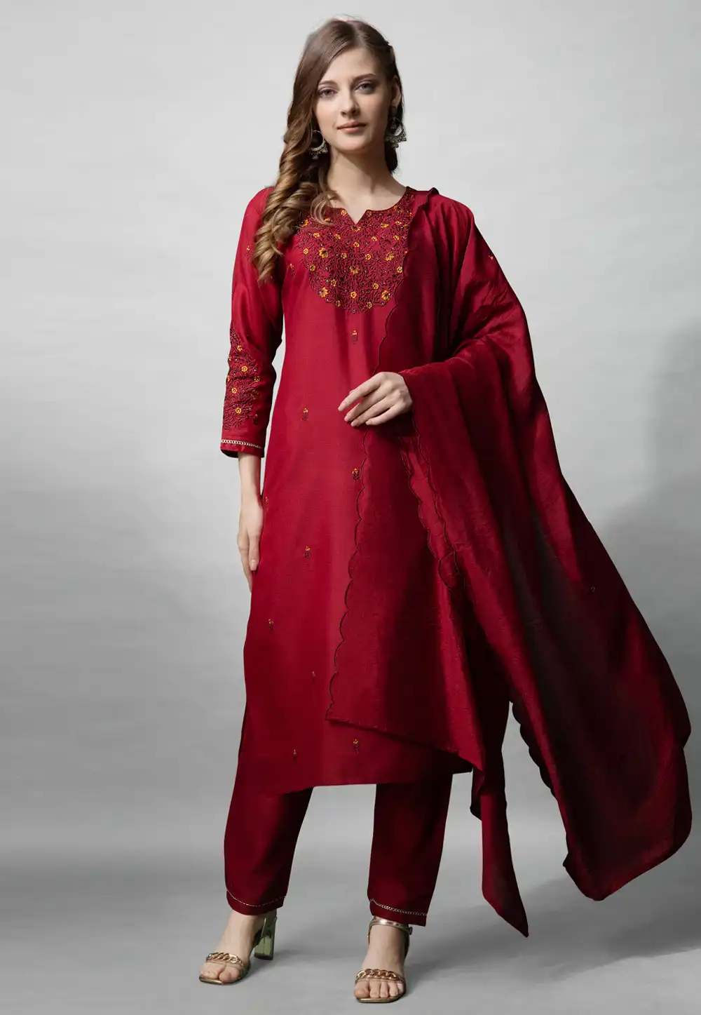 Maroon Cotton Readymade Pant Style Suit 290721