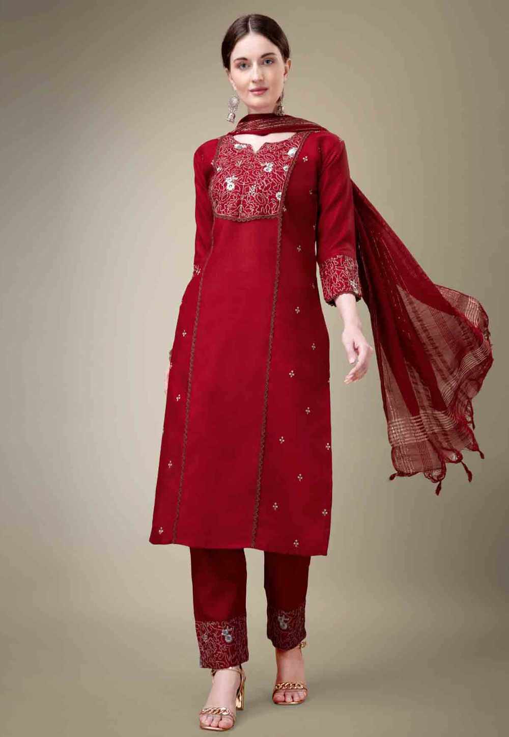 Maroon Cotton Readymade Pant Style Suit 280836