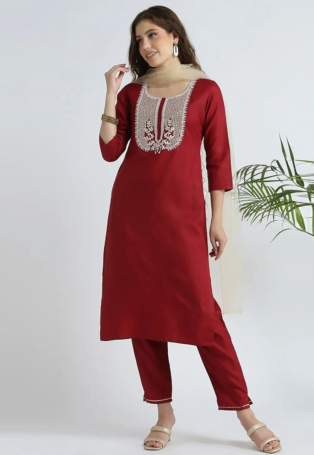 Maroon Cotton Readymade Pant Style Suit 301173