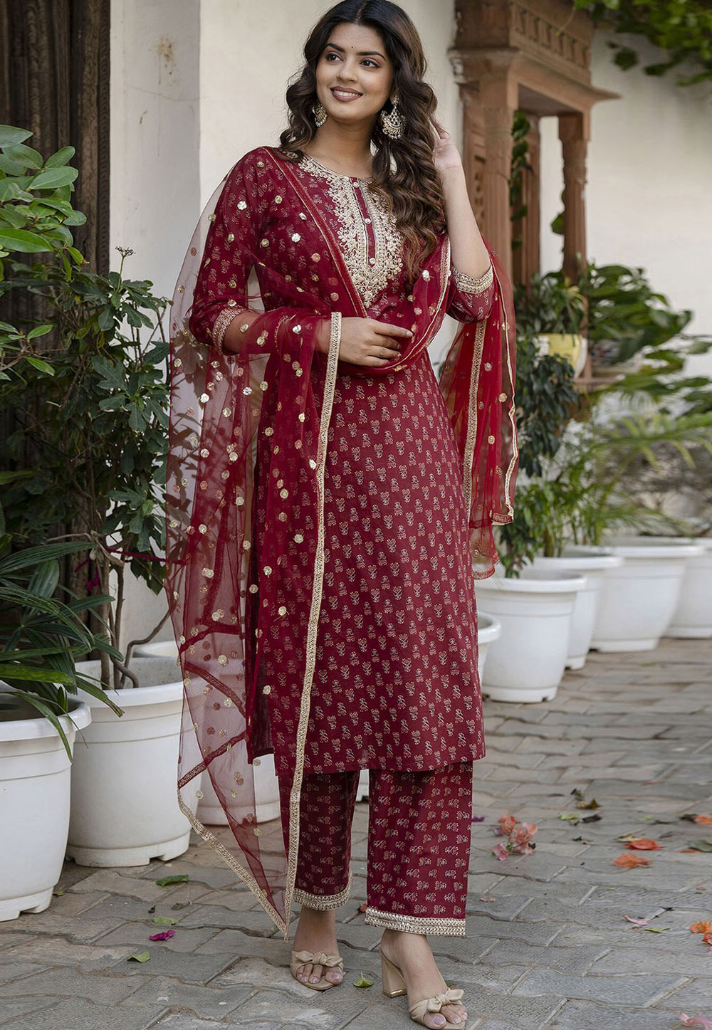 Maroon Cotton Readymade Pant Style Suit 283053