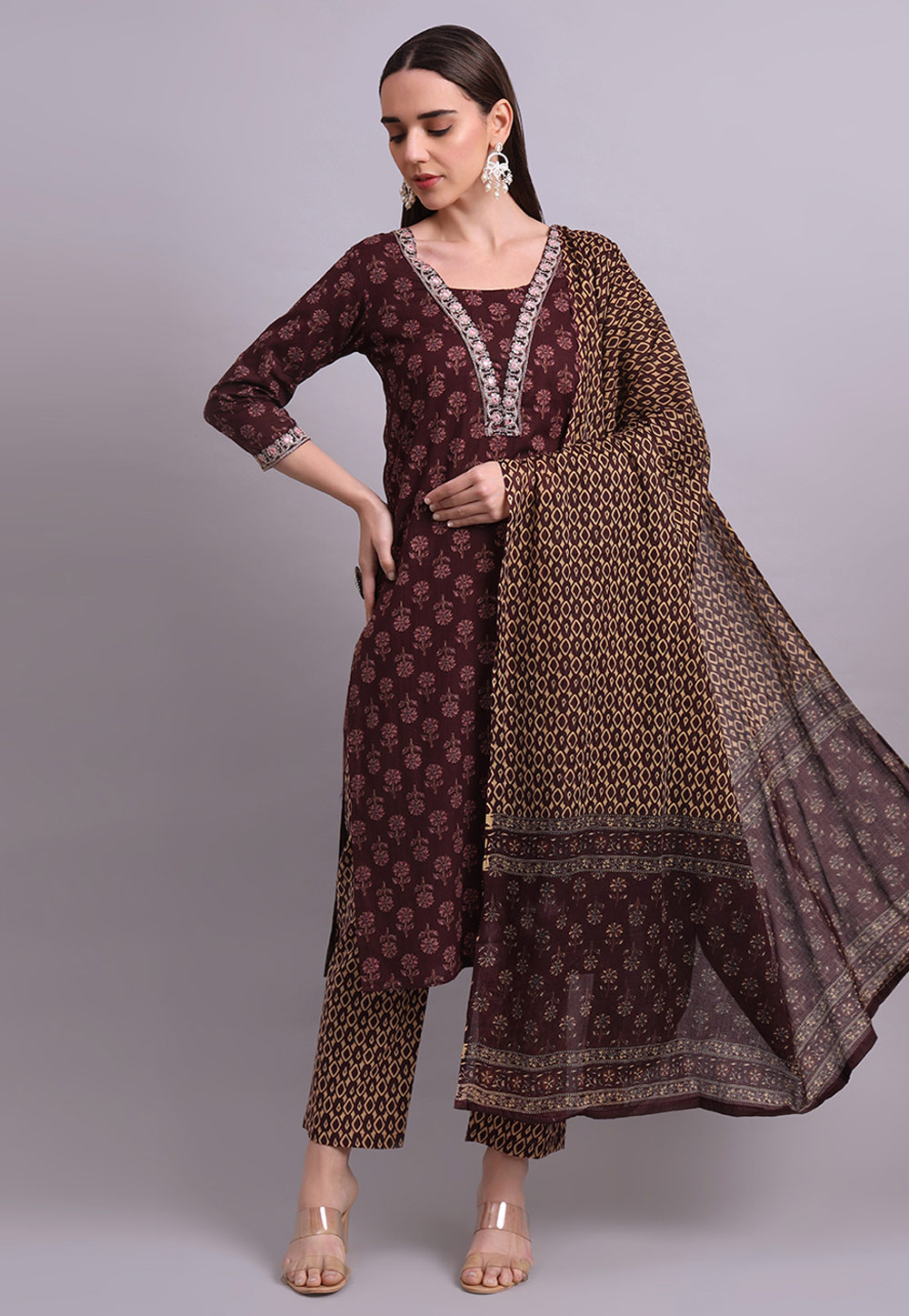 Maroon Cotton Readymade Pant Style Suit 309658