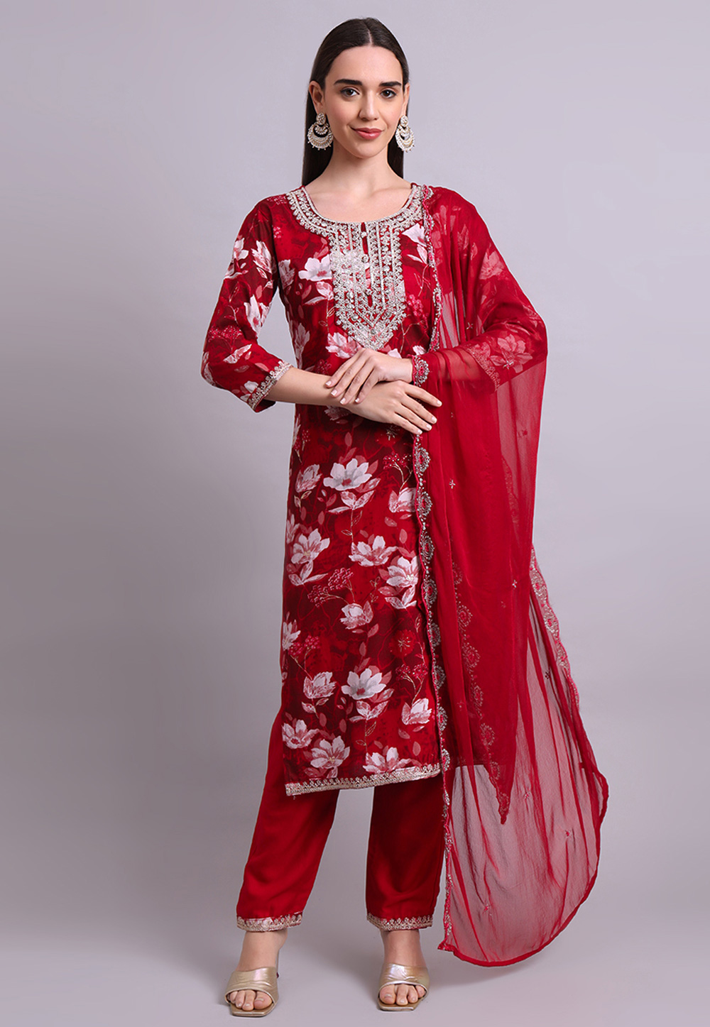 Maroon Cotton Readymade Pant Style Suit 309662