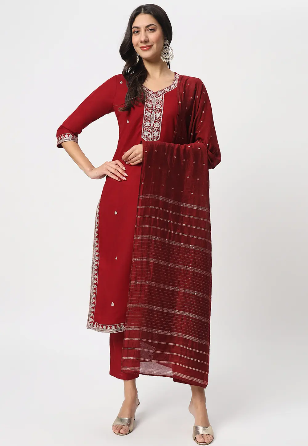 Maroon Cotton Readymade Pant Style Suit 300363