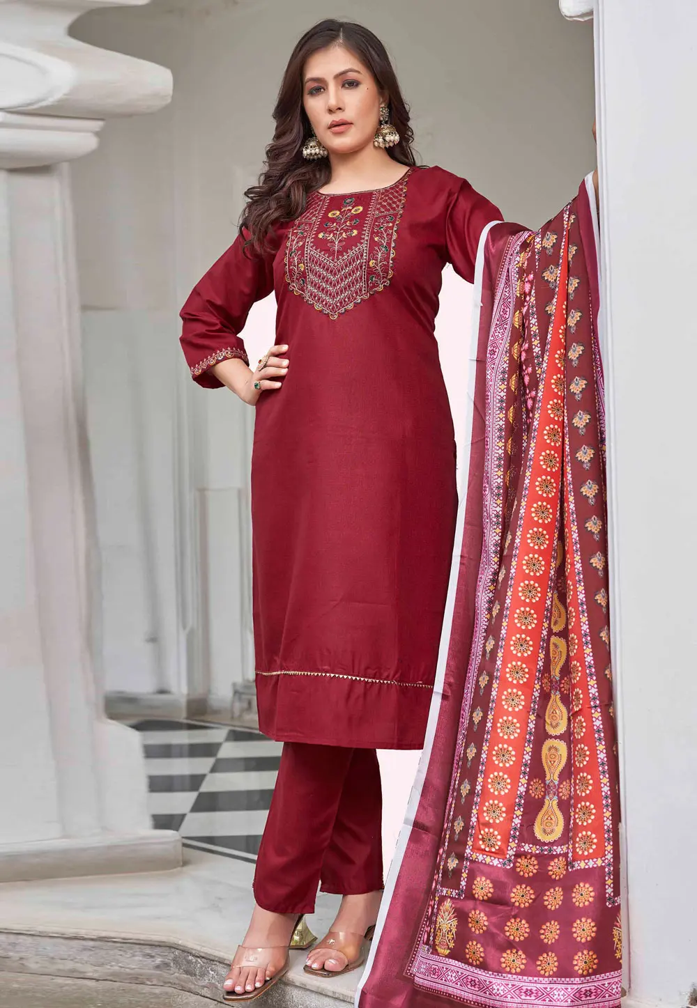 Maroon Cotton Readymade Pant Style Suit 301950