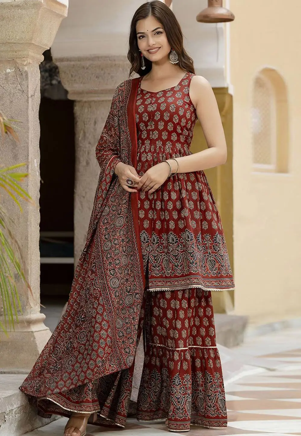 Maroon Cotton Readymade Sharara Suit 296754