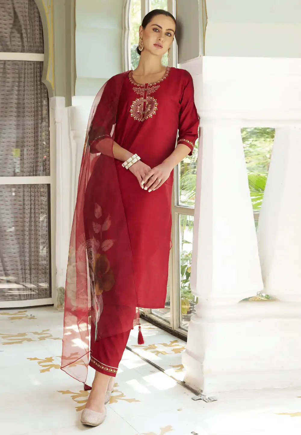 Maroon Cotton Silk Readymade Pakistani Suit 289371